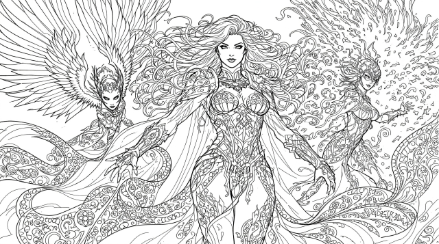 女性スーパーヒーローの大人の塗り絵 - 流れるマントと装飾的なタコのデザインが特徴の精密な線画