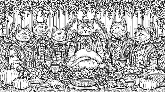 An elaborate Thanksgiving celebration coloring page featuring six ornately dressed cats gathered around a festive harvest feast table.