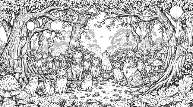 En fortryllende skogkatt høstfestival fargeleggingsside med flere katter samlet i en magisk skogsrydning med utsmykkede lykter.