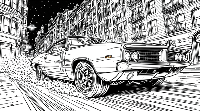 An intricate coloring page featuring a detailed 1970s muscle car speeding through a nighttime city street scene with a prominent full moon backdrop.