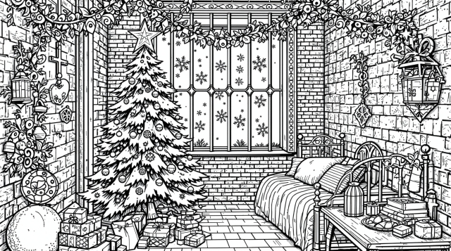 A cozy Christmas home interior coloring page featuring elaborate decorations and festive holiday details.
