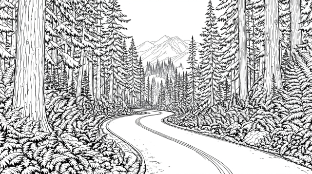 山の風景のぬりえ