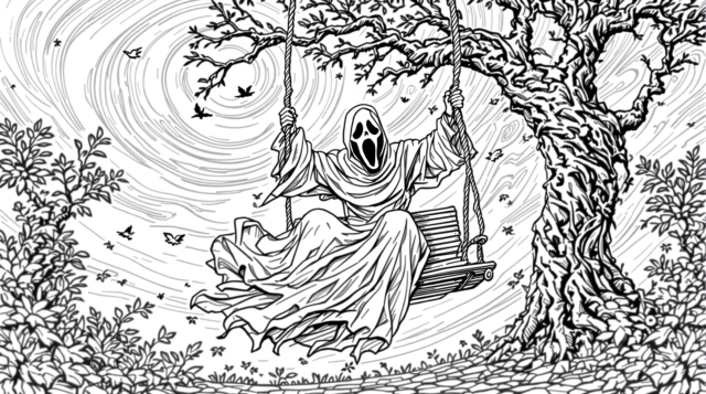 装飾的なブランコに座るスクリーム・キャラクターが複雑な大気要素に囲まれた詳細な塗り絵ページです。
