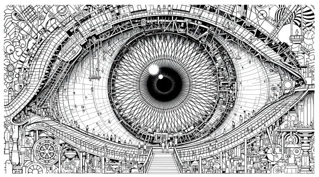 巨大な眼球が複雑な技術的ワークスペースに変身したシュルレアリスムの解剖学的断面図の塗り絵ページ。