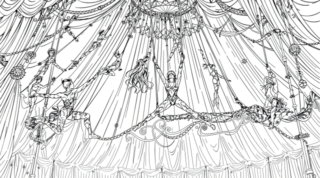 装飾的なサーカステントの下で複数のアクロバットが演技する複雑な空中ブランコのぬりえページです。