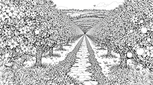 En indviklet farvelægningsside af en appelsinlund i fuld blomst med detaljerede blomster set fra et jordniveau perspektiv ned ad en central sti.