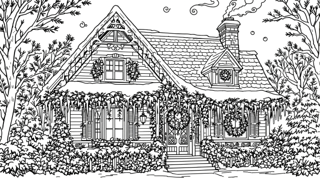 A charming winter cottage coloring page featuring intricate Christmas decorations and architectural details.