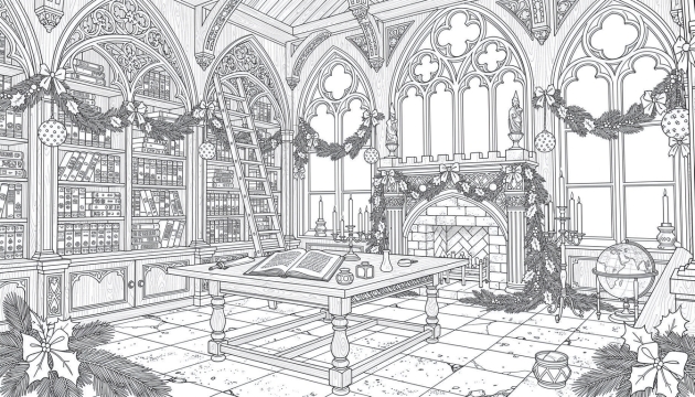 Uma biblioteca medieval ornamentada decorada para o Natal com arquitetura gótica e detalhes intrincados para colorir avançado.