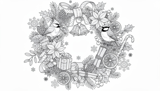 Uma página de colorir de guirlanda de Natal elaborada com detalhes botânicos intrincados, chapins, enfeites e decorações festivas.