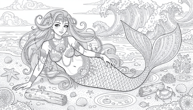 Elegancka syrena z ozdobnymi łuskami spoczywa wdzięcznie na plaży ozdobionej muszlami, rozgwiazdami i stylizowanymi falami inspirowanymi sztuką japońską.