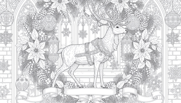 En intrikat julefargeleggingsside med en majestisk reinsdyr omgitt av en utførlig viktoriansk krans og gotiske vinduer.