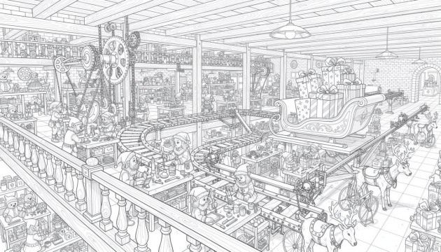 An intricate aerial view coloring page of Santa's complete toy factory with thousands of elves crafting toys and loading the sleigh with presents.