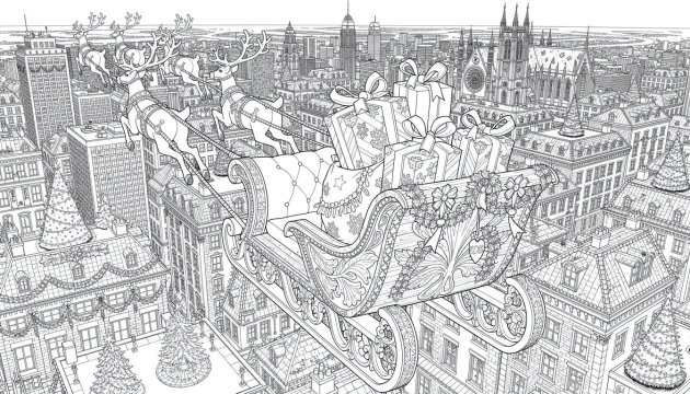 Santa's sleigh pulled by reindeer flying over a decorated Christmas city with children watching from below.