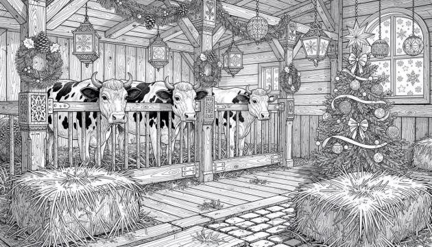 Une page à colorier représentant une étable rustique de Noël avec quatre vaches dans des stalles décorées de guirlandes festives.