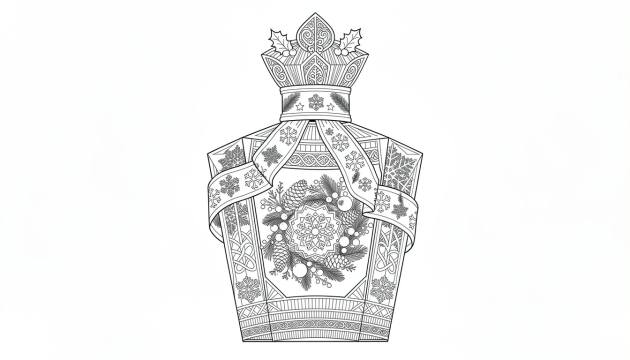 Une élégante page de coloriage représentant un flacon de parfum pentagonal moderne orné de décorations de Noël complexes et de détails botaniques Art Déco.