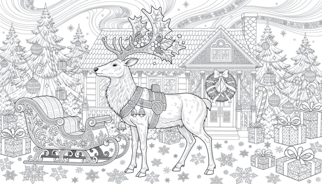 Un coloriage de Noël élaboré présentant un renne majestueux aux bois ornés dans un décor hivernal victorien.