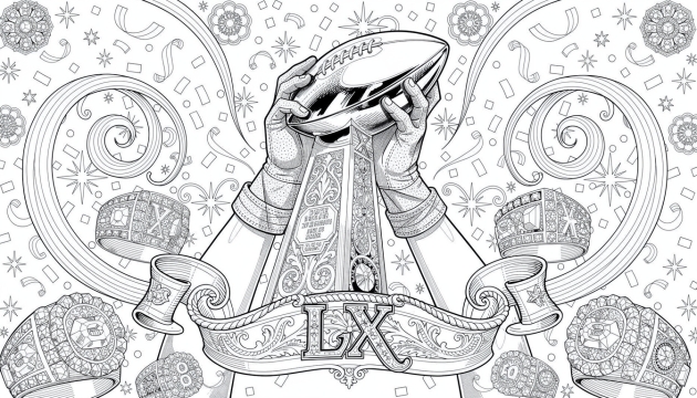 Gloved hands triumphantly raise the Vince Lombardi Trophy amid swirling confetti and championship rings.