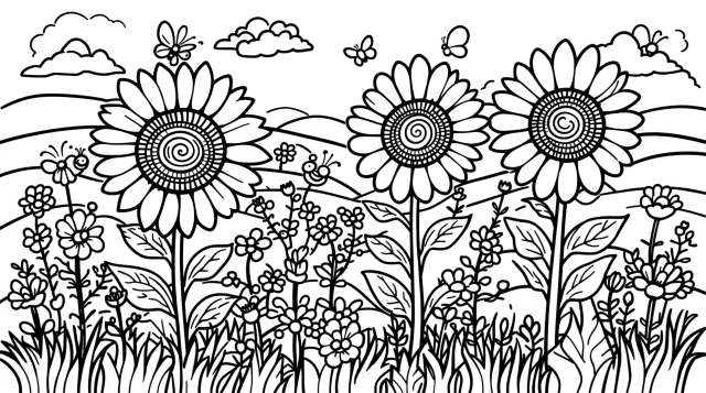 En glad solrosfält färgläggningssida med tre stora solrosor med intrikata centrum och vilda blommor för vuxna.