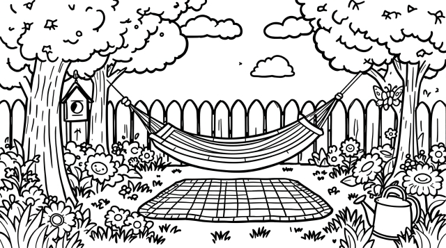 ハンモックとピクニックブランケットのある癒しのガーデン塗り絵