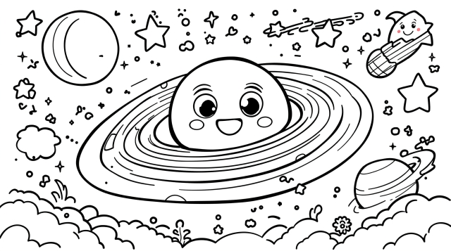 笑顔の土星と宇宙をテーマにした大人の塗り絵 - 星、月、ロケットが描かれた楽しい宇宙空間のぬりえページ