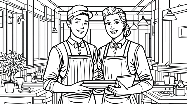 En detaljeret farveside med en mandlig tjener og kvindelig tjenerinde i en moderne restaurant.