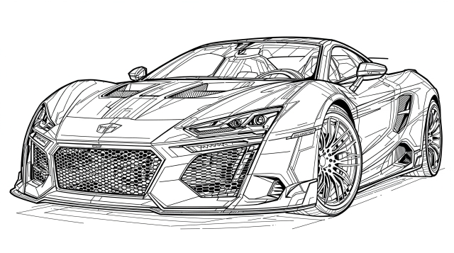 A highly detailed luxury sports car coloring page featuring intricate mechanical elements and aerodynamic design.