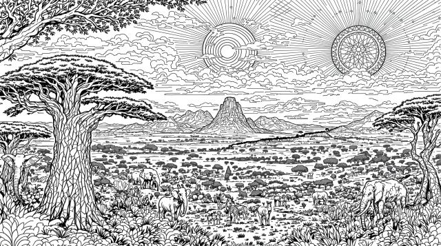 En invecklad afrikansk savann-panorama färgläggningssida med baobab-träd, vilda djur och detaljerade bergsformationer.