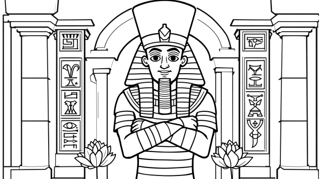 エジプト神オシリス塗り絵 - 神殿と円柱が描かれた詳細なデザイン