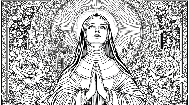 カッシアの聖リタ 大人の塗り絵 - バラと装飾十字架を配した精緻な宗教画モチーフ 縦型ポートレート