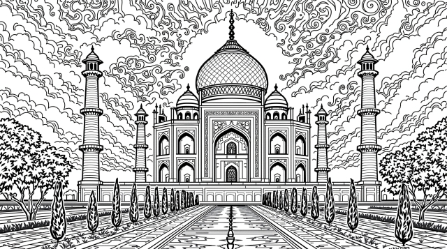 タージマハル塗り絵 - 奥行きのある遠近法デザインと精巧な雲の背景