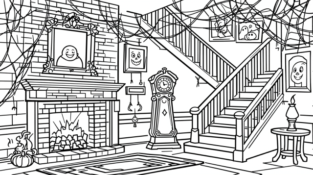 初心者向けホラーハウス室内の塗り絵 - 大階段、暖炉、ハロウィン飾りが描かれた大人の塗り絵ページ