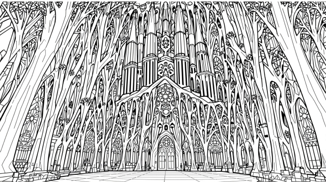 ガウディの象徴的な建築要素が織りなすサグラダ・ファミリア内部断面図の魅惑的な大人の塗り絵