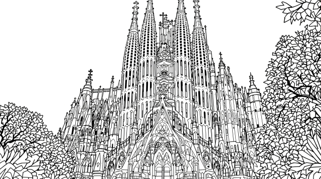 サグラダ・ファミリアの塗り絵 - ガウディ建築の傑作を緻密な尖塔と幾何学模様で再現した大人の塗り絵