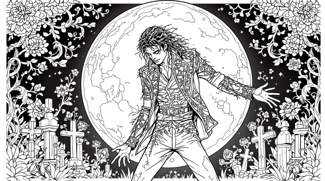 マイケル・ジャクソン スリラー塗り絵 - キング・オブ・ポップの象徴的なダンスポーズとゴシック墓地の背景