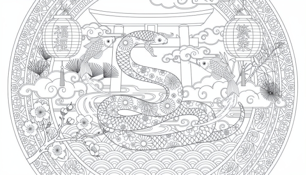 Tyylikäs kiinalaisen eläinradan käärme värityskuva vuodelle 2026 perinteisessä japanilaisessa tyylissä monimutkaisilla koristeellisilla yksityiskohdilla.