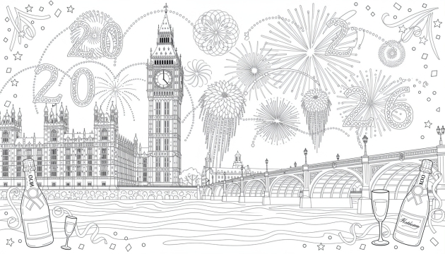 Torre del reloj Big Ben marcando la medianoche en Nochevieja 2026 con fuegos artificiales sobre el Palacio de Westminster y el río Támesis.