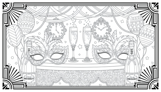Una elegante página para colorear de Nochevieja con máscaras venecianas simétricas, copas de champán y decoraciones Art Déco.