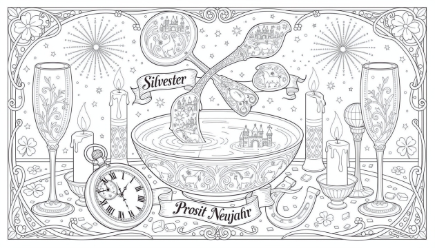 Uma página para colorir simétrica de Ano Novo alemão Bleigießen apresenta colheres ornamentadas, motivos de castelos e elementos decorativos Art Nouveau.