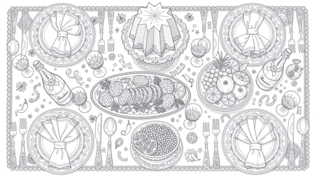 Uma página de colorir de mesa de jantar elaborada de Véspera de Ano Novo italiana apresentando pratos tradicionais do Cenone di San Silvestro vistos de cima com detalhes decorativos intrincados.