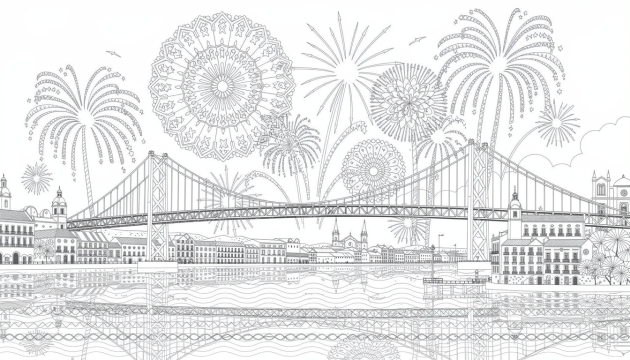 Um desenho detalhado a preto e branco captura a celebração de Ano Novo em Lisboa com fogo de artifício sobre o rio Tejo e a Ponte 25 de Abril.