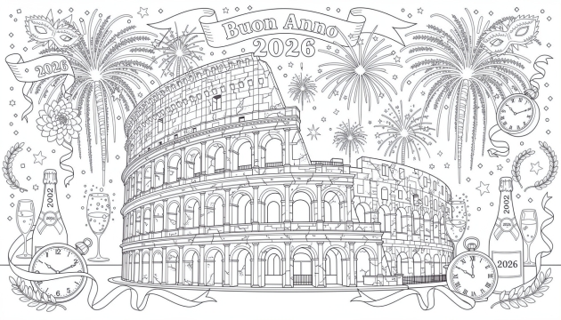 Uma página de colorir detalhada para adultos apresentando o Coliseu de Roma celebrando a véspera de Ano Novo 2026 com fogos de artifício espetaculares.