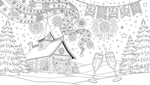 Una página para colorear sofisticada del Año Nuevo Noruego 2026 con auroras boreales, fuegos artificiales y una iglesia de madera tradicional.