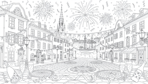 Stockholm'daki Gamla Stan'ın 2026 Yılbaşı Gecesi kutlamalarını havai fişekler, tarihi mimari ve şenlik süslemeleriyle gösteren detaylı çizgi çalışması.