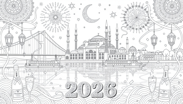Una página para colorear del horizonte de Estambul con mezquitas icónicas, el Puente del Bósforo y fuegos artificiales elaborados de Año Nuevo 2026 en diseño simétrico.