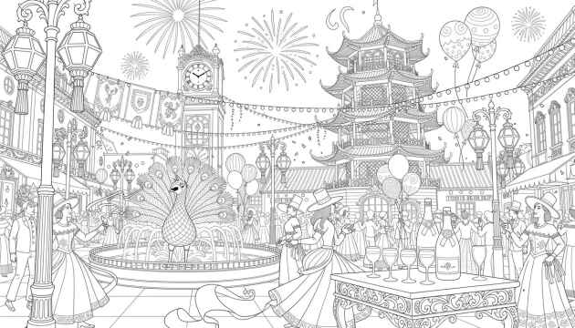 Una detallada página para colorear de la celebración de Año Nuevo estilo victoriano en los Jardines Tivoli de Copenhague con pagoda china ornamentada y fuegos artificiales.
