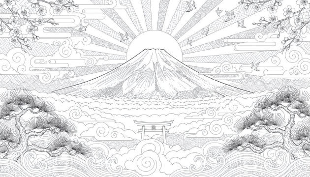Una página para colorear intrincada del amanecer en el Monte Fuji celebrando la tradición japonesa de Hatsuhinode de Año Nuevo 2026 con nubes ornamentales y patrones decorativos tradicionales.