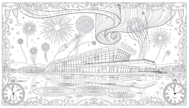 Una página para colorear detallada que presenta la Ópera de Oslo en Nochevieja con auroras boreales y fuegos artificiales.