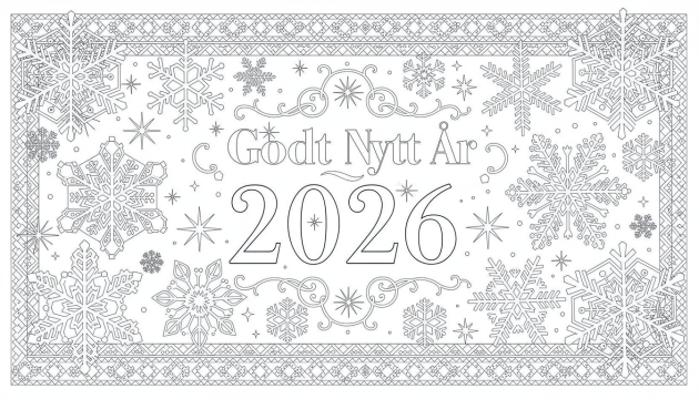 İnce Kuzey yıldızları ve kar taneleriyle çevrili 'Godt Nytt År 2026' tipografisi içeren sofistike Norveç Yeni Yıl 2026 boyama sayfası.