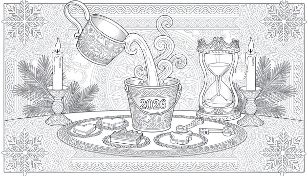 Una página para colorear de la tradición finlandesa de fundición de estaño de Año Nuevo con elementos detallados de la ceremonia tinanvalanta para 2026.