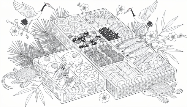 Una elaborata pagina da colorare di Osechi Ryori giapponese con piatti tradizionali di Capodanno disposti artisticamente in eleganti scatole jubako.